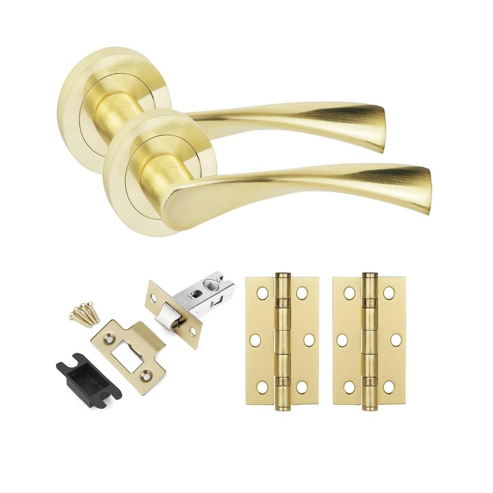 image 1 of Golden Grace 4 Sets Astrid Design Door Handles in Satin Brass Finish with Tubular Latch and 1 Pair of 3" Ball Bearing Hinges | Gold | 4 Set