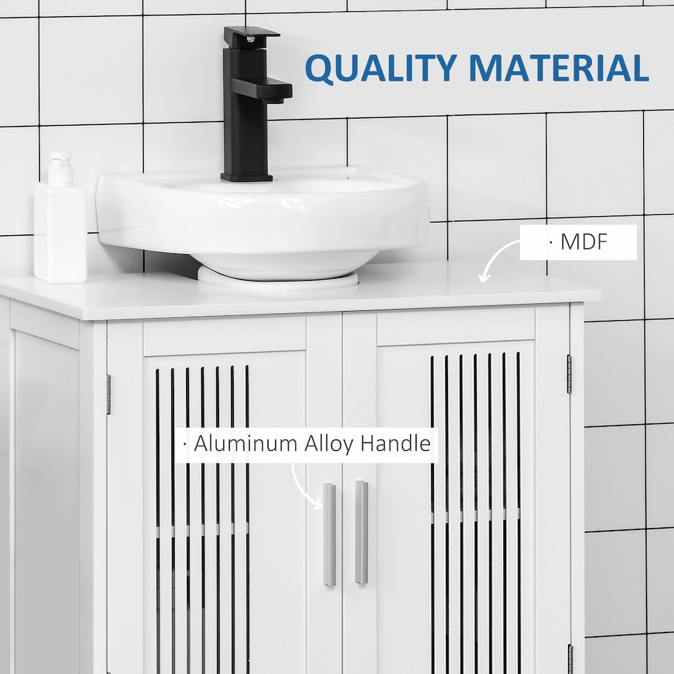 image 1 of kleankin Modern Under Sink Cabinet with 2 Doors, Bathroom Vanity Unit, Pedestal Under Sink Design, Storage Cupboard with Adjustable Shelves, White | White | White