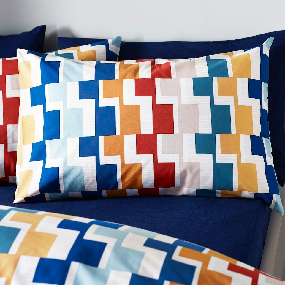 image 1 of Catherine Lansfield Bryson Geo Reversible Duvet Cover Set Brights Blue | Brights | Double