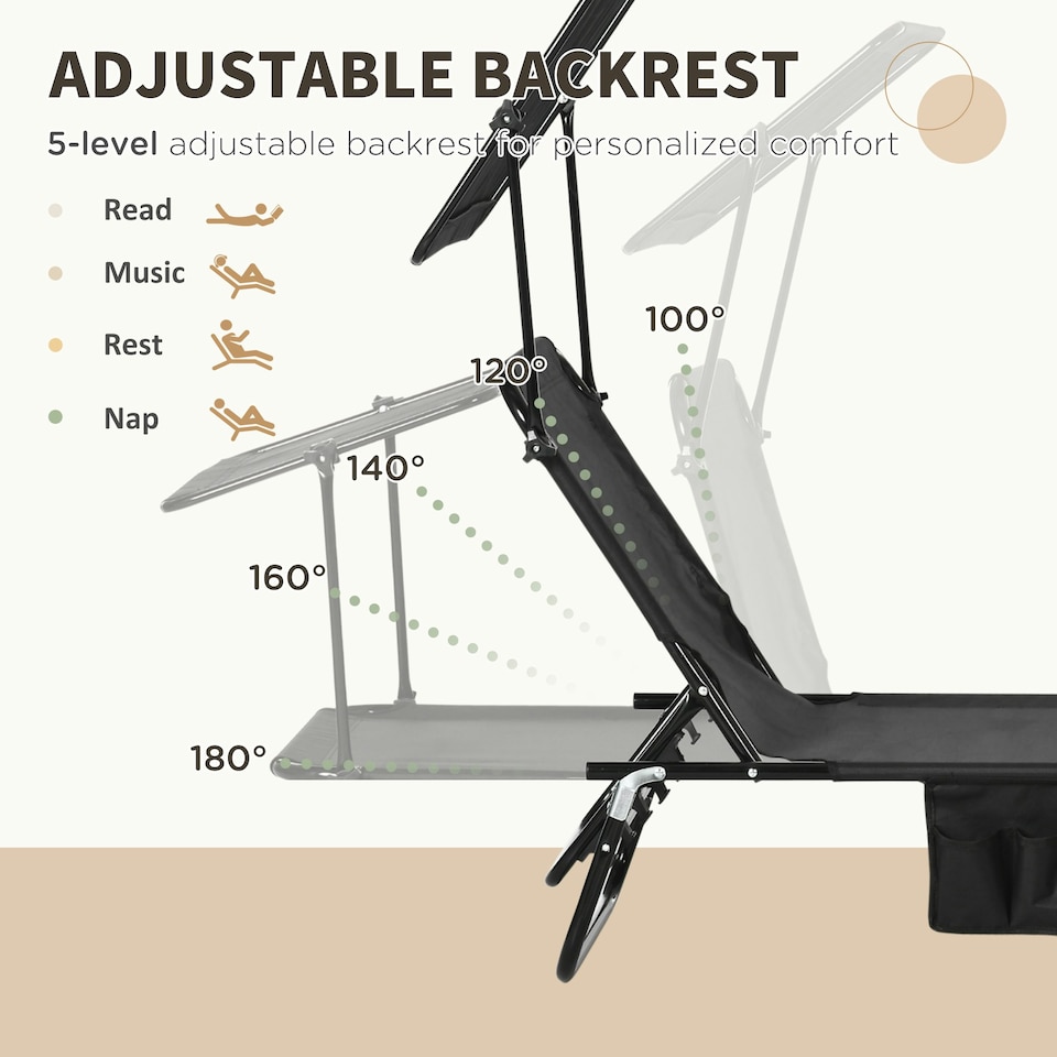 image 1 of Outsunny 2 Piece Folding Sun Loungers with Adjustable Backrest, Sunshade, Black