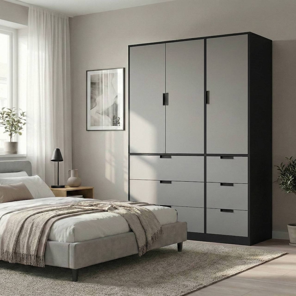 image 1 of RIGA 3 Door 6 Drawer Wardrobe | Black | Black & Grey | 10 x 44.5 x 79 | 1