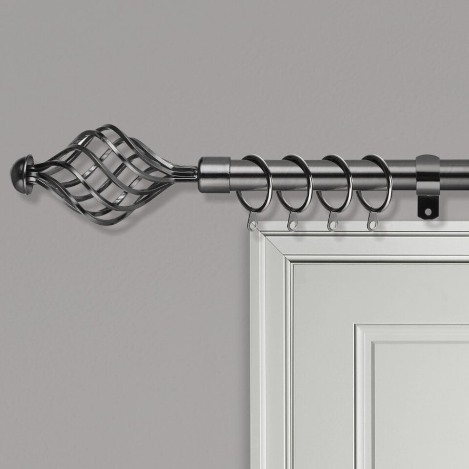 image 1 of Extendable Curtain Pole Spiral Curtain Rail Pole Set Includes Rings, Finials, Brackets & Fittings - BLACK NICKEL - 40cm to 144cm (15” to 57”)