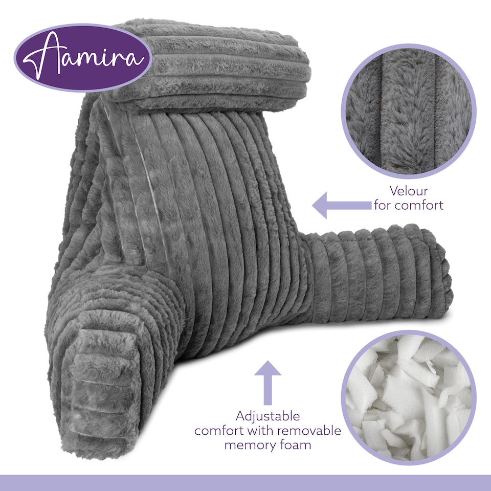 image 1 of Aamira Reading Pillow Grey Faux Fur Ribbed Memory Foam Support Cushion | Grey | Grey | Standard | 1