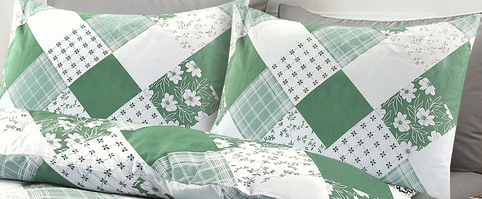 image 1 of Homes Linen Eloise Patchwork Green Floral Duvet Cover Set with Pillowcases Reversible Polycotton Quilt Cover Soft Breathable Bedding Set | Green | Super King