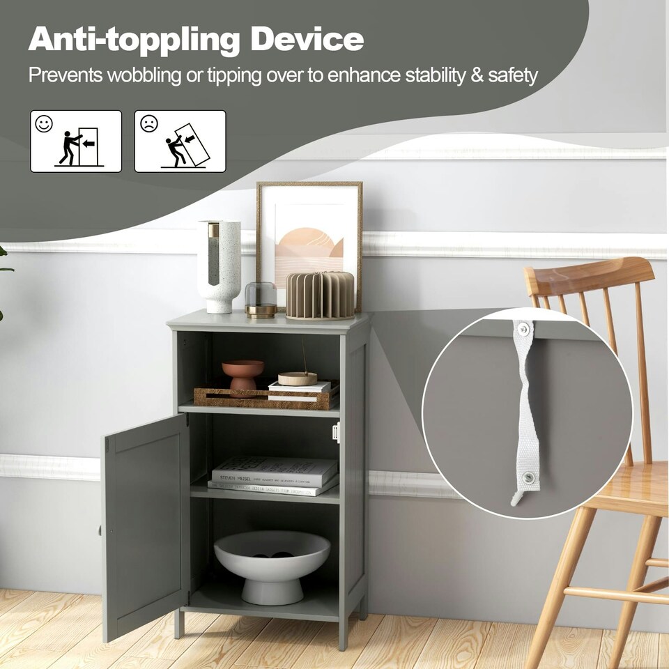 image 1 of COSTWAY Bathroom Floor Cabinet Single Door w/Shelf Grey Grey