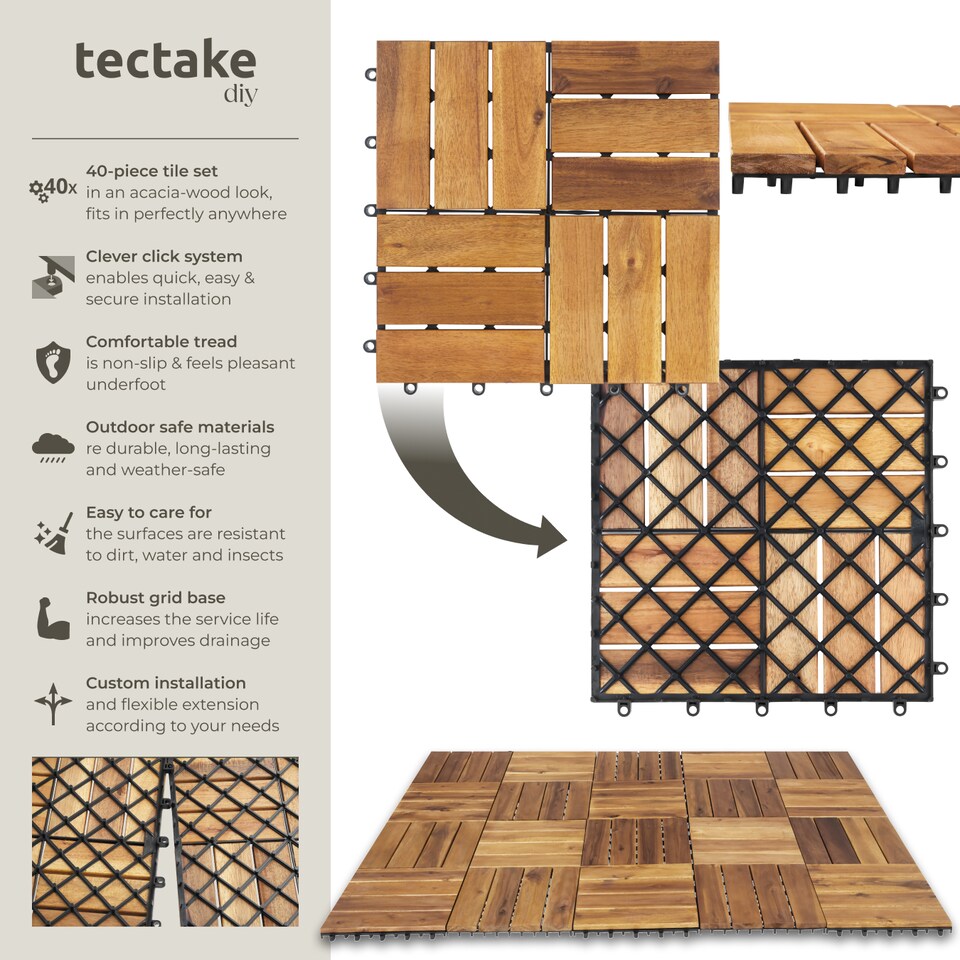 image 1 of Outdoor Tiles Tabula - easy click installation, acacia wood, weather-safe | Brown | brown | 31 x 31 x 2,20 cm | 40