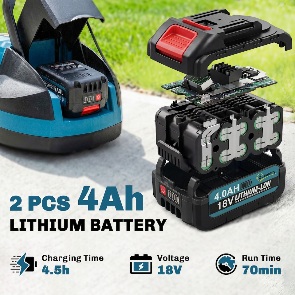 image 1 of Outsunny 18V Cordless Small Lawnmower with 2 x 4Ah Batteries & Charger