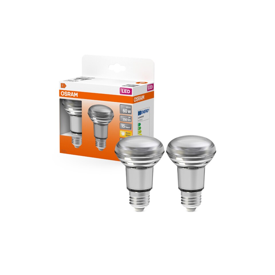 image 1 of Osram Star R63 60 36 Degrees 4.8 Watt E27 2700K Warm White LED Reflector Lamp Twin Pack