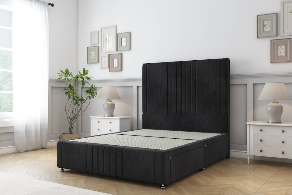 image 1 of Sloomy Harrington Black Naples Divan Bed Base No Drawers With 26 Inch Strutted Headboard & 12 Inch Matching Footboard | Black | Black | Small Double | 1