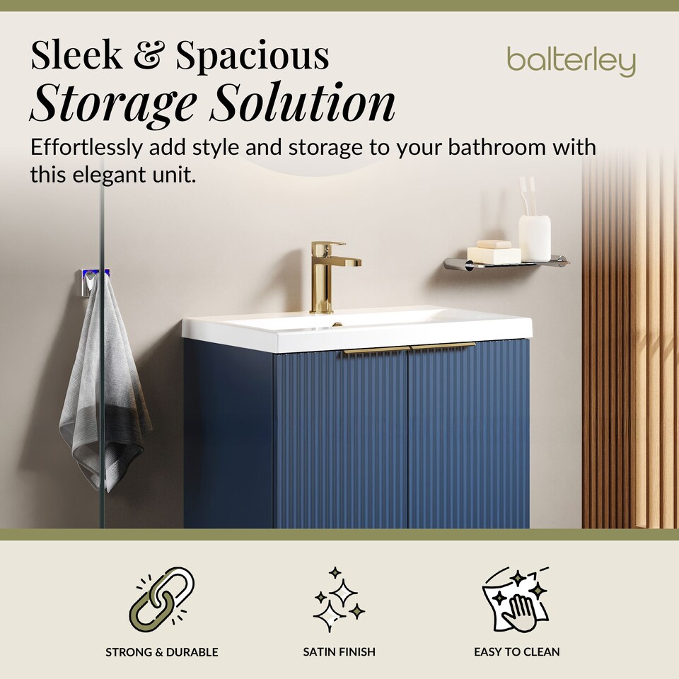 image 1 of Balterley Fluted Front Floor Standing 2 Soft Close Door Bathroom Vanity Unit with 1 Tap Hole Basin, Handles | Blue | Satin Blue