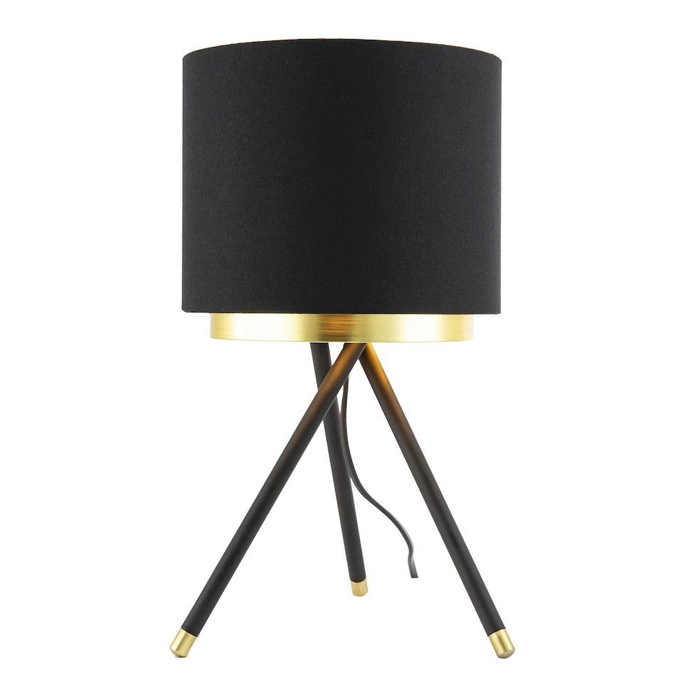 image 1 of Black Tripod Table Lamp with Gold Metal Ring and Cotton Drum Shade