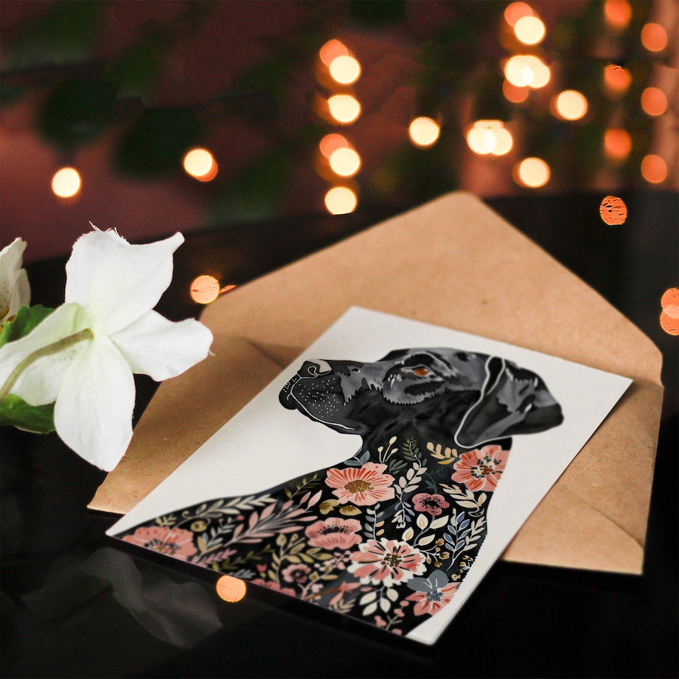 image 1 of Greeting Card Black Labrador Dog Lover Floral Watercolour Birthday