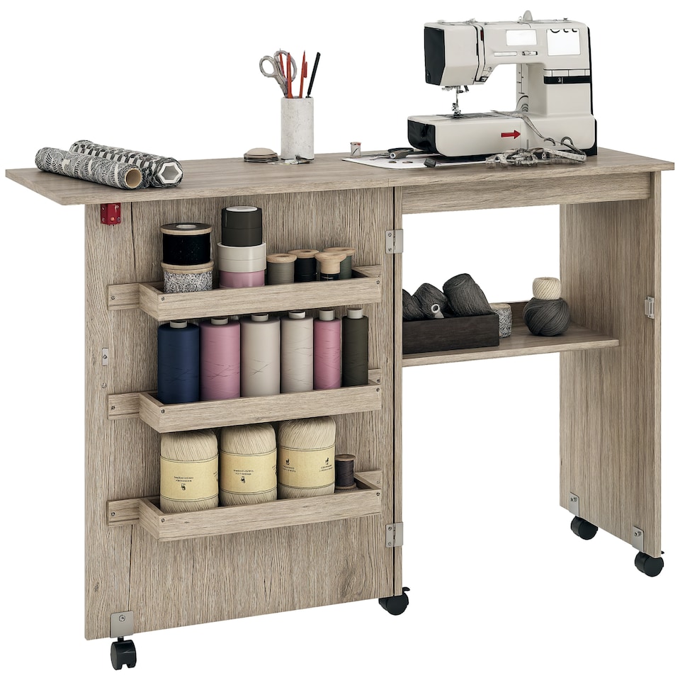 image 1 of HOMCOM Folding Sewing Table Rolling Craft Table with Drop Leaf Wheels Grey | Grey | Grey