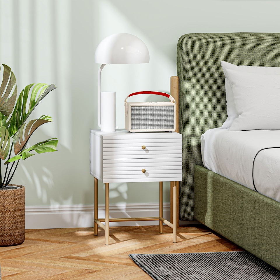 image 1 of HOMCOM Bedside Tables Set of 2, Bedside Cabinet with 2 Drawers, Gold Steel Legs, Modern Side Table with Striped Panel for Bedroom, Living Room, White