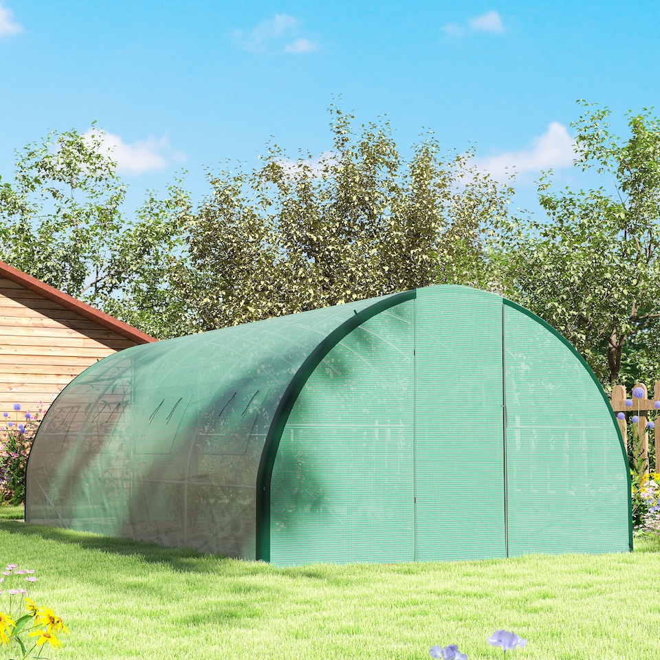 image 1 of Outsunny Tunnel Greenhouse, Upgraded Structure, Hinged Doors, 6 x 3 m, Green | Green