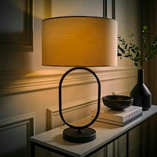ValueLights Antonia Natural Fabric Drum Lamp Shade Matte Black Oval Table Lamp with LED Bulb Black