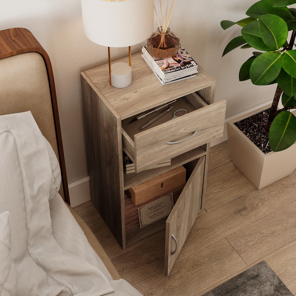 image 1 of 1-Drawer 1-Door Wooden Bedside Table | Brown | Unit Colour: Oak | 1