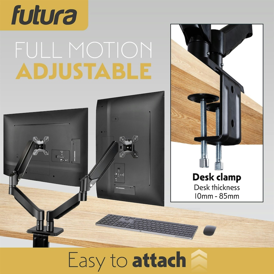 image 1 of Futura Dual Monitor Arm Desk Mount, Gas Spring Adjustable Stand for 13-32 Inch Screens | Black | Black | 1