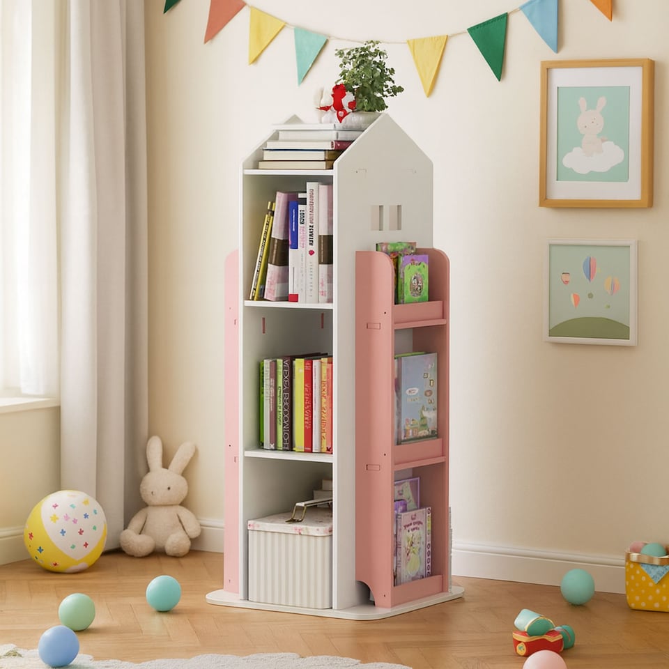 image 1 of Neo House Shaped 360° Rotating Kid's Children's Freestanding Bookshelf | White | White