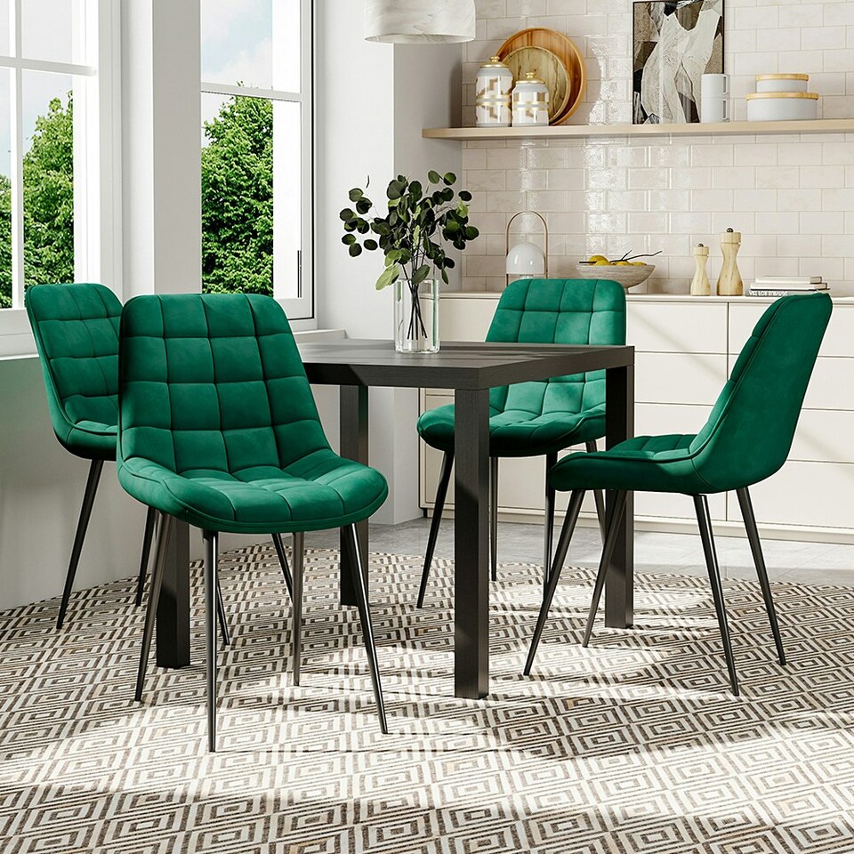 image 1 of Living and Home Velvet Upholstered Dining Chairs with Metal Legs x2 - Green