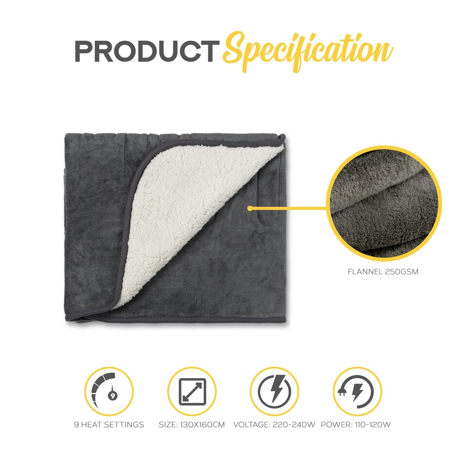 image 1 of MONHOUSE Heated Throw - Single Electric Blanket - 130 x 160 cm - Digital Controller - 9H Timer, 9 Heat Settings, Auto Shutoff