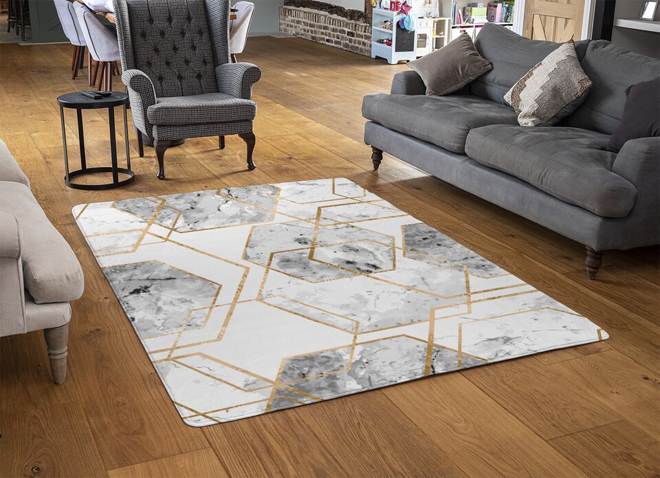 image 1 of Geometric Marble Pattern With Gold Glitter Rug | Multi