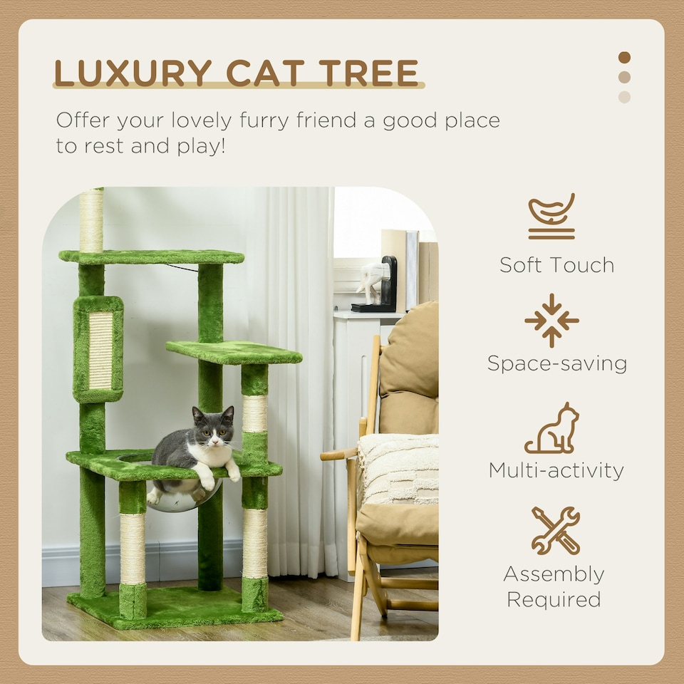 image 1 of PawHut 142cm Cat Tree with Scratch Posts Hammock Platforms Toy Balls, Green