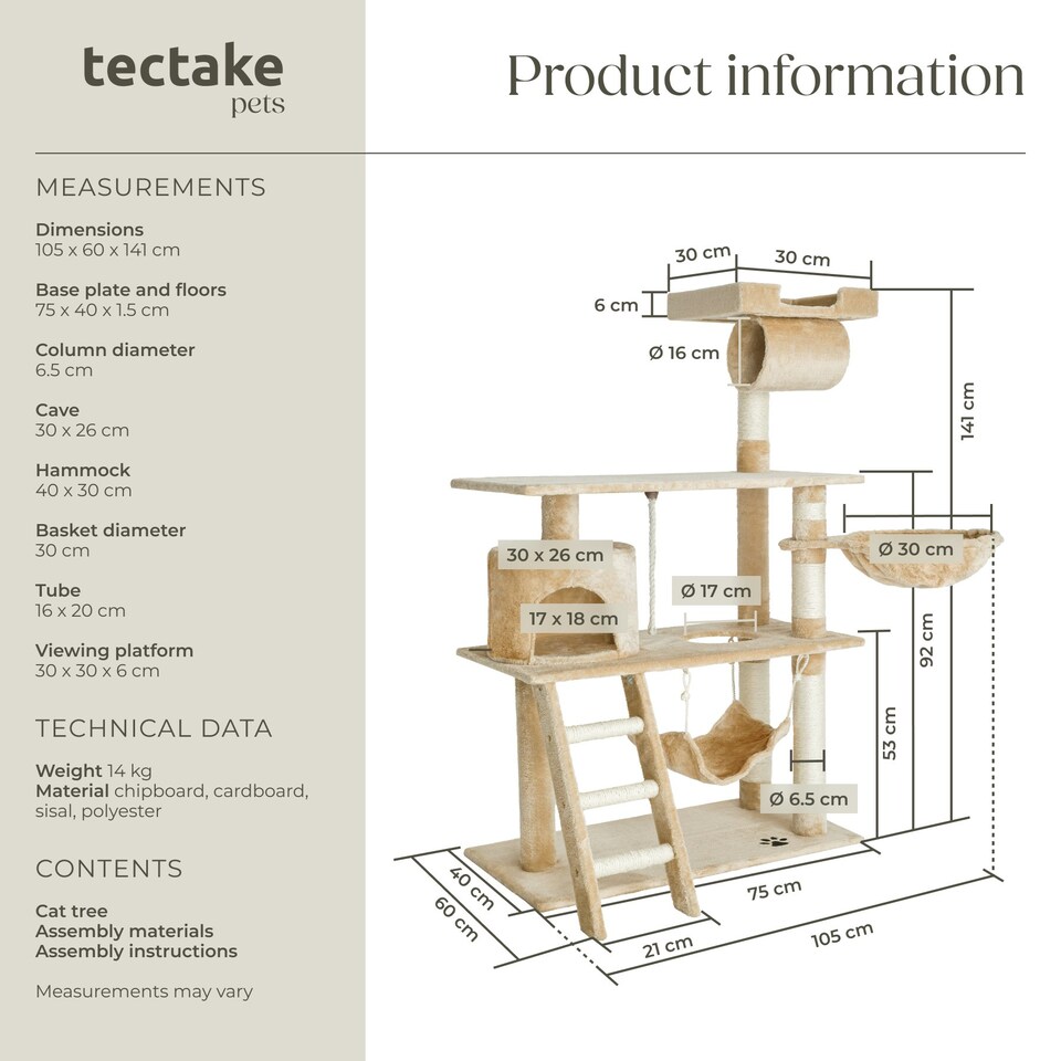 image 1 of Cat Tree Marcel - 141 cm, sisal cat scratching post - Beige