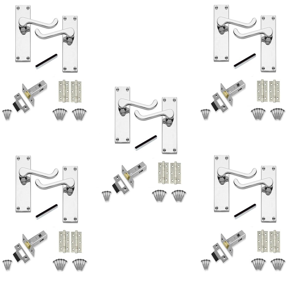 image 1 of Golden Grace 5 Sets Victorian Scroll Latch Door Handles in Polished Chrome with 1 Pair of 3" Ball Bearing Hinges & Latches Pack - 120mm x 40mm Backplate Chrome