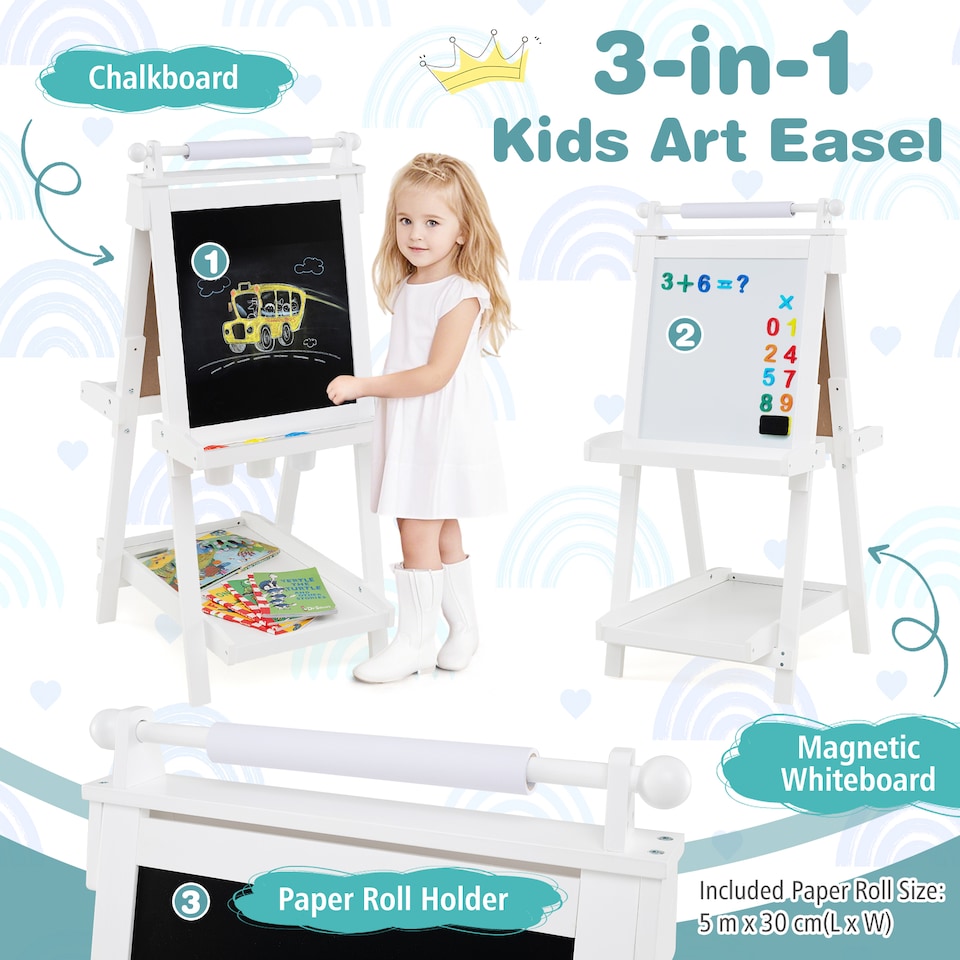 image 1 of COSTWAY Foldable Easel Kids 3-in-1 Double-sided Art Easel w/Chalkboard-White