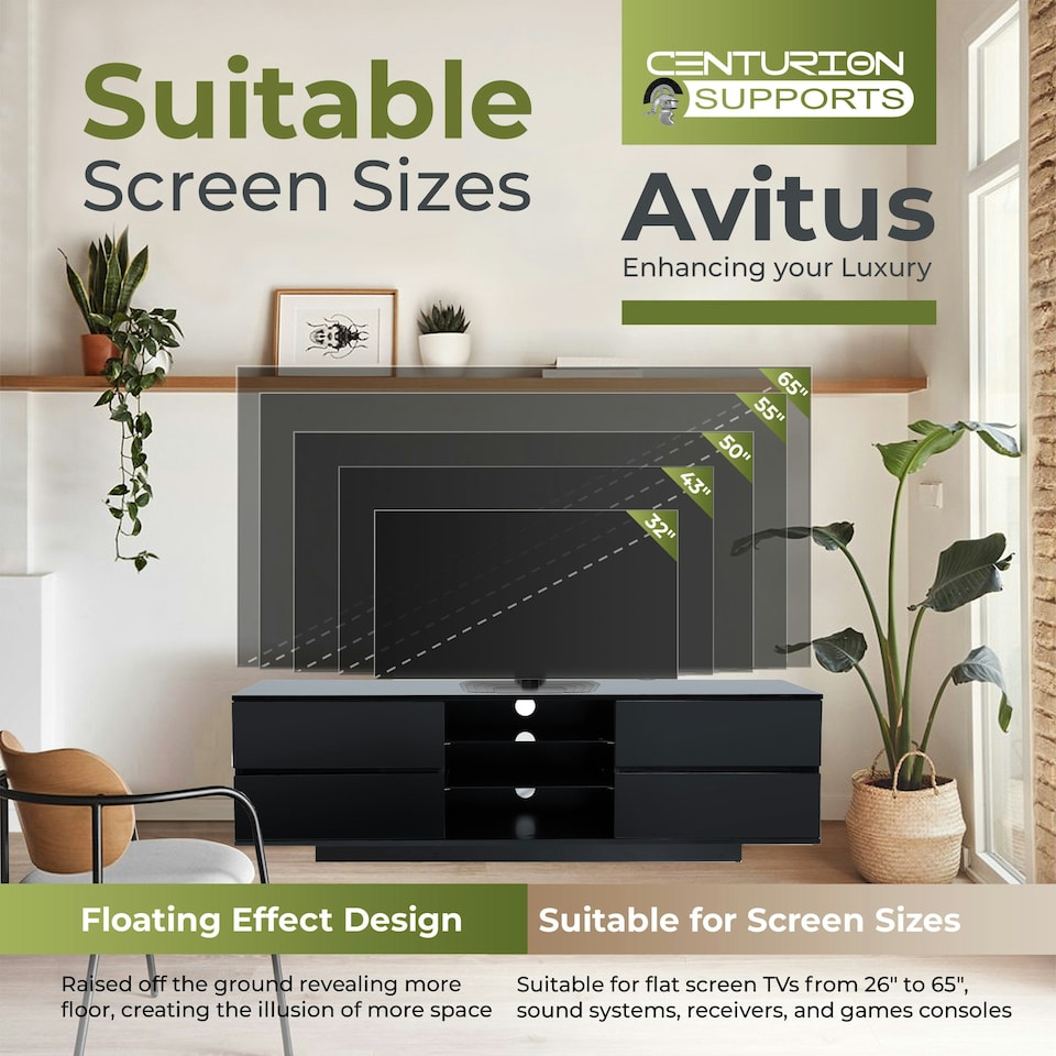 image 1 of Centurion Supports AVITUS ULTRA Remote Friendly BeamThru Gloss Black with 4-Black Drawers 32"-65" Flat Screen TV Cabinet Black