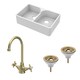 image 1 of Fireclay Kitchen Bundle - Double Bowl Stepped Weir Butler Sink, Wastes & Mono Crosshead Tap, 795mm - Brushed Brass - Balterley
