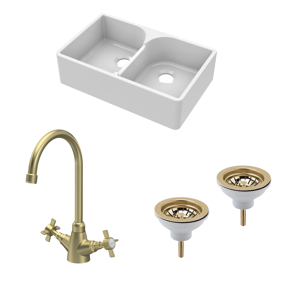 image 1 of Fireclay Kitchen Bundle - Double Bowl Stepped Weir Butler Sink, Wastes & Mono Crosshead Tap, 795mm - Brushed Brass - Balterley