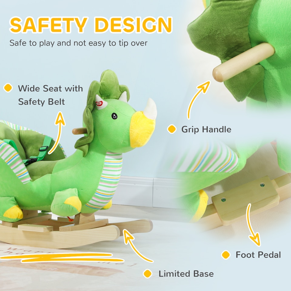 image 1 of AIYAPLAY Rocking Animal, Dinosaur Themed Rocking Ride on with Animal Sounds, Safety Belt, Wooden Base, Pedal, for Toddlers 18-36 Months, Green