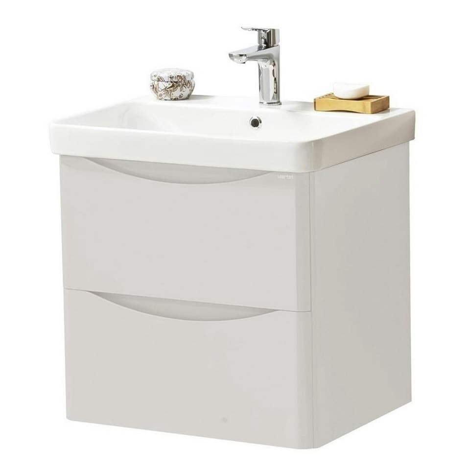 image 1 of Bathroom Wall Mounted 2-Drawer Vanity Unit with Basin 600mm Wide - Cashmere - (Arch) - Brassware Not Included | Grey | Grey | 1