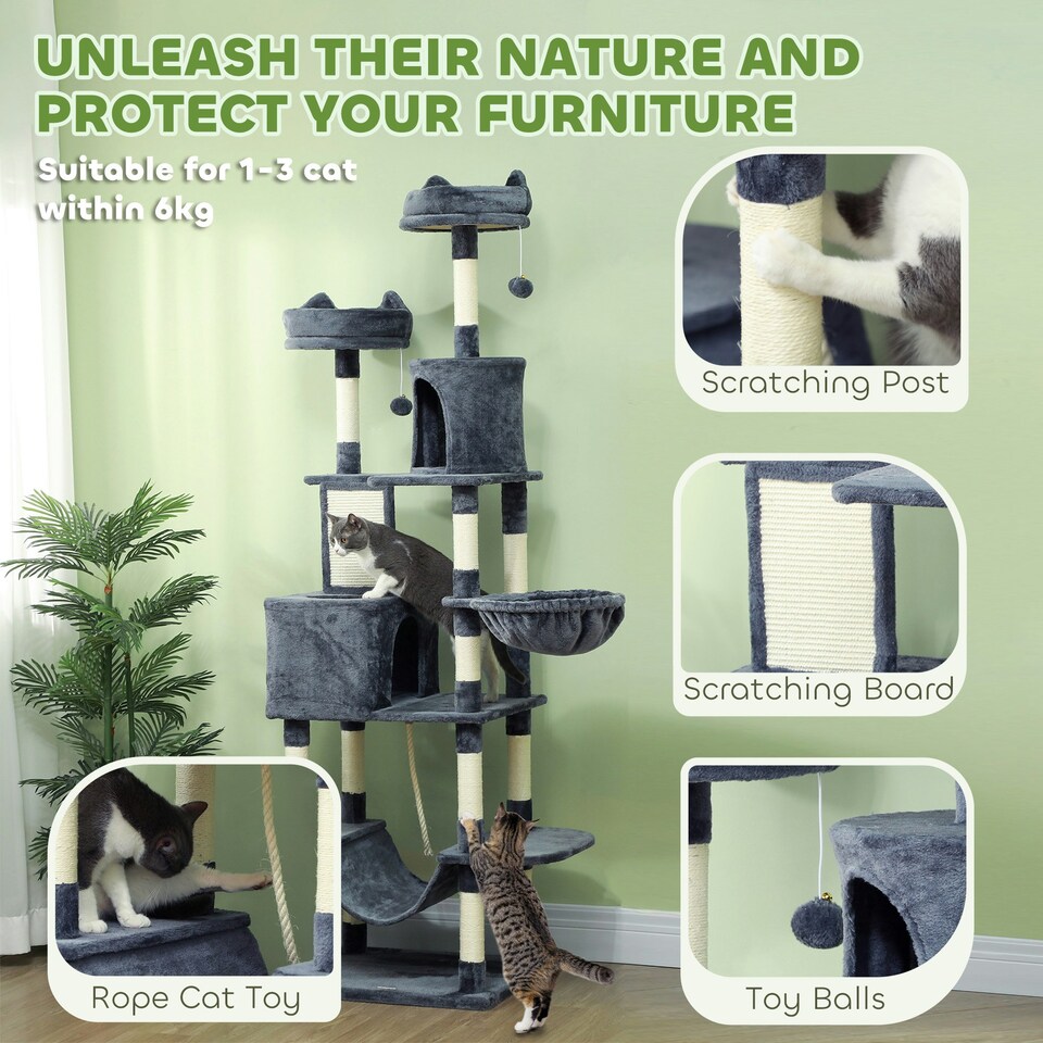 image 1 of PawHut 206cm Cat Tree with Scratching Posts Beds Condos Hammocks, Dark Grey