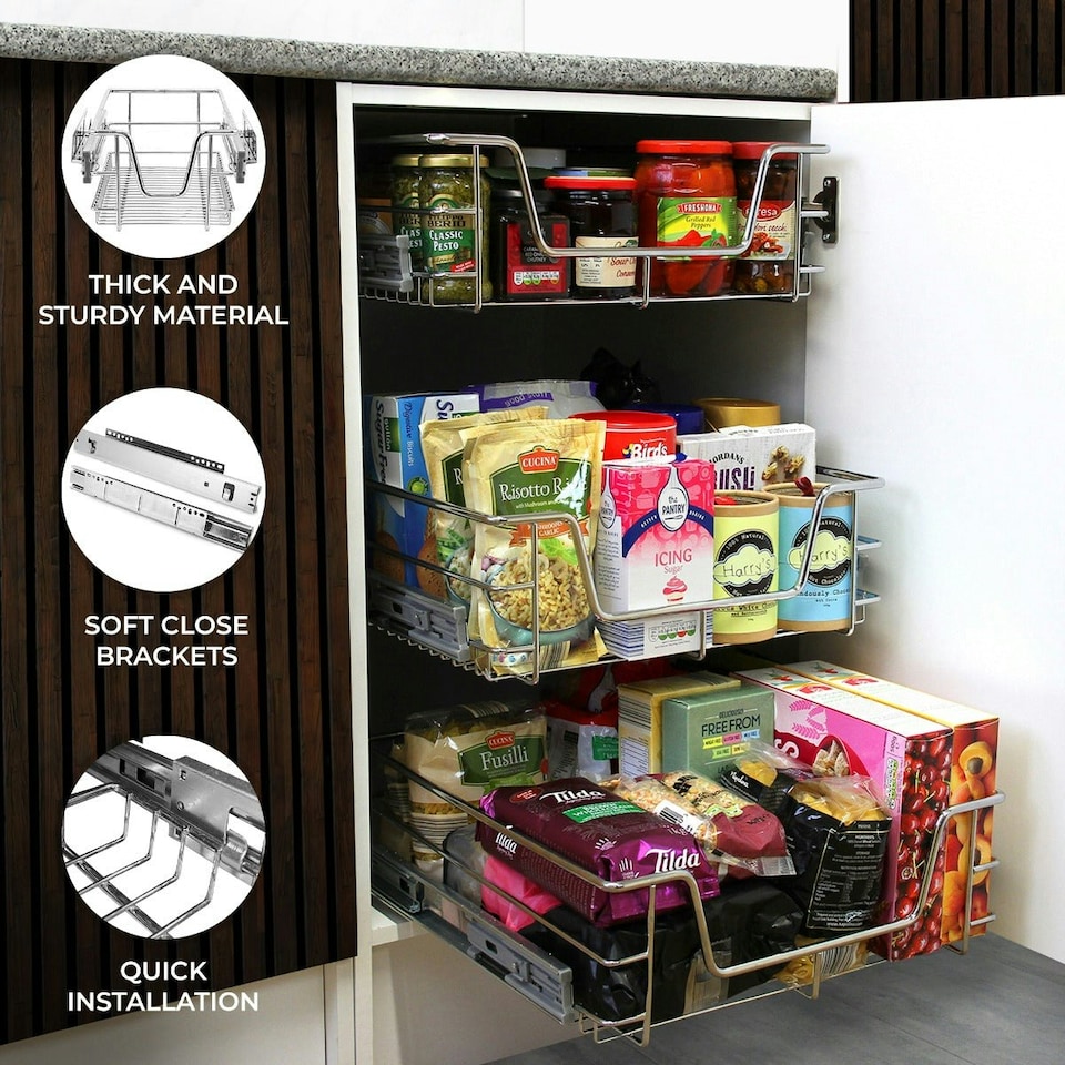 image 1 of 6 x KuKoo Kitchen Pull Out Storage Baskets – 600mm Wide Cabinet Silver