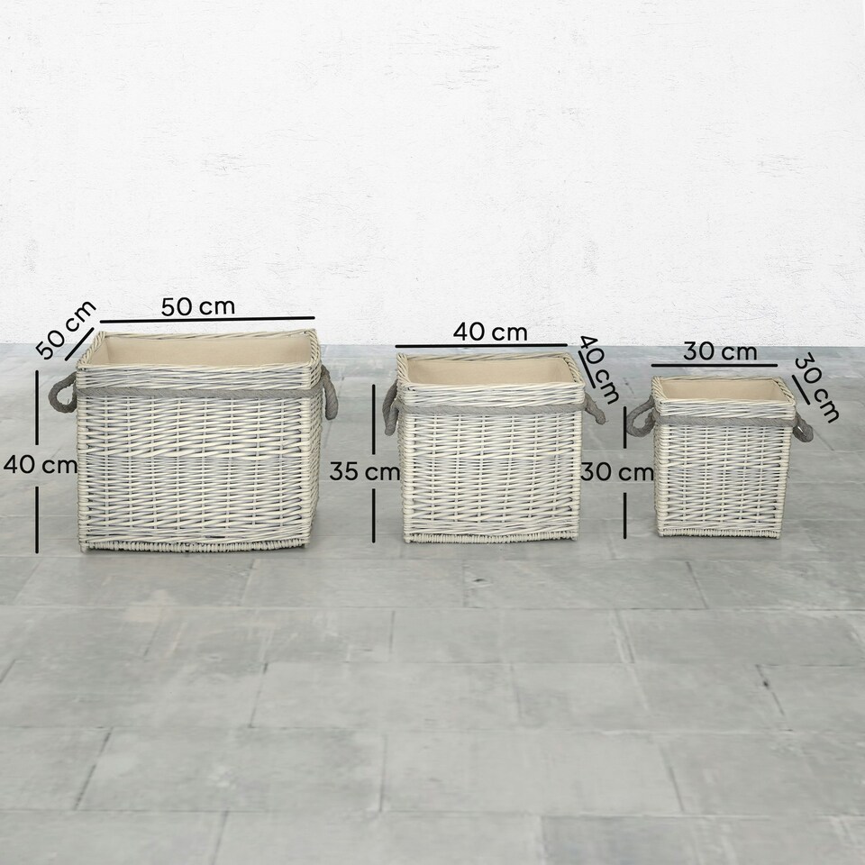 image 1 of Outsunny Set of 3 Wicker Log Basket with Liner and Rope Handles, Beige