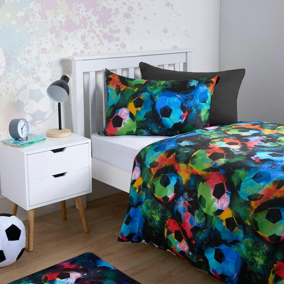 image 1 of OHS Kids Graphic Football Reversible Duvet Cover and Pillowcase Bedding Set Multi | Neon Multi | Double