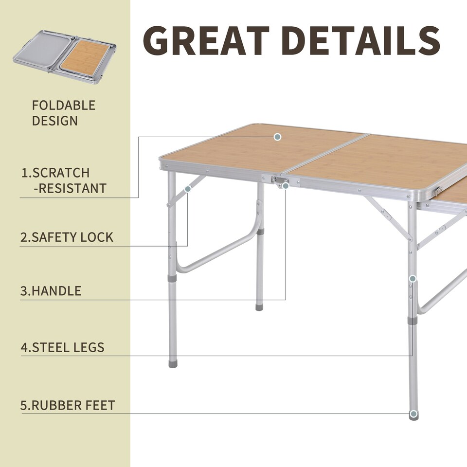 image 1 of Outsunny 3ft Aluminium Picnic Table w/Side Desktop Outdoor BBQ Party Portable