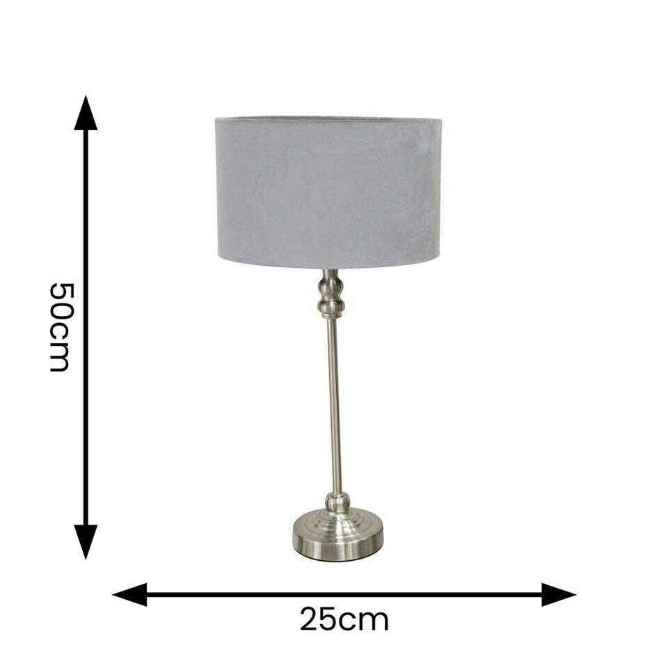 image 1 of ValueLights Maggie Brushed Chrome Candlestick Slim Table Lamp with Grey Velvet Drum Lamp Shade and LED Bulb Grey