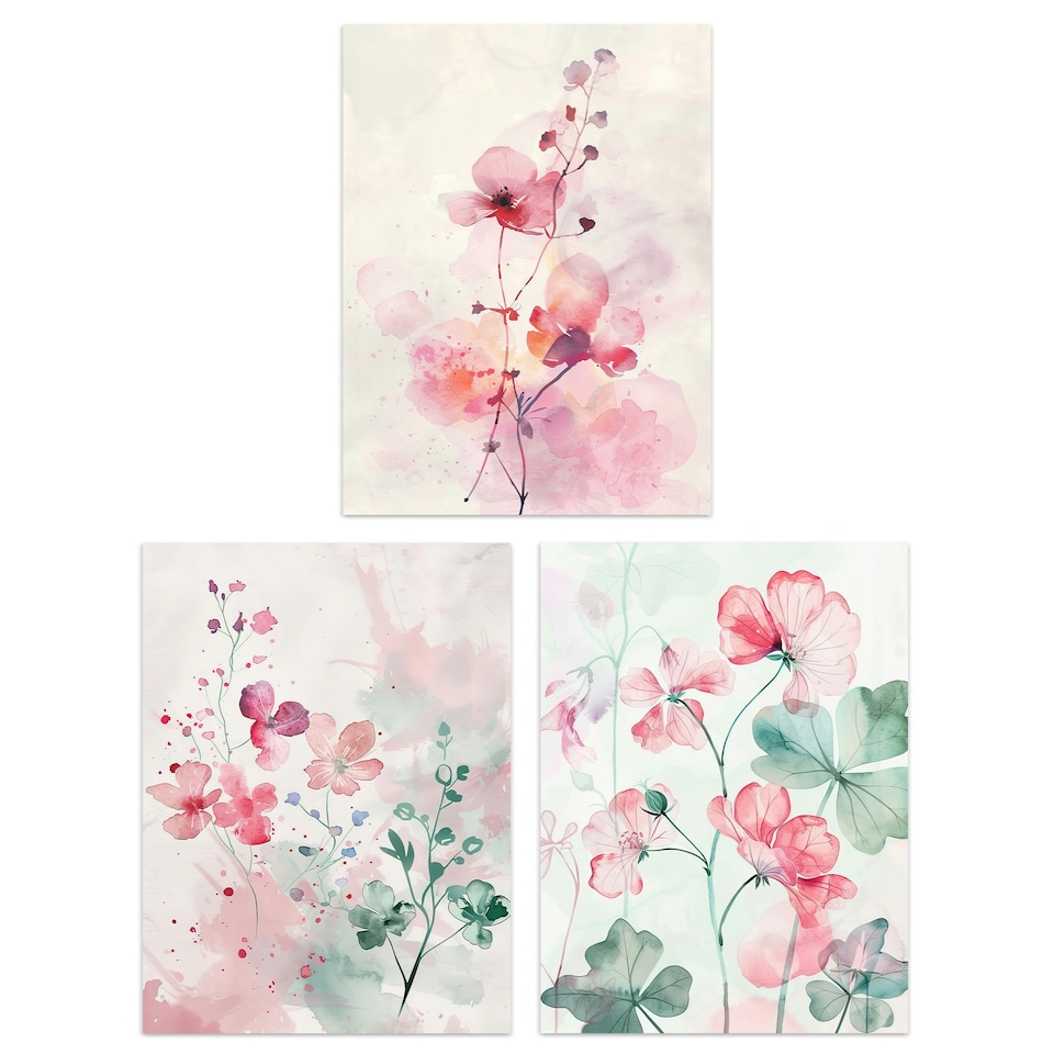 image 1 of Set of 3 Light Watercolour Geranium Flowers Living Room 12X16 Inch Wall Art Prints Pack