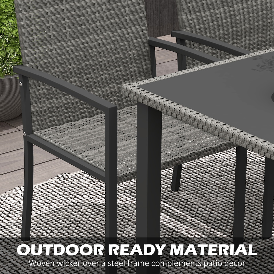 image 1 of Outsunny 4 Seater Rattan Dining Set with Rectangular Glass Top Table and 4 Armchairs, PE Rattan Garden Furniture Set, Outdoor Dining Table and Chairs for Patio, Balcony, Terrace, Grey
