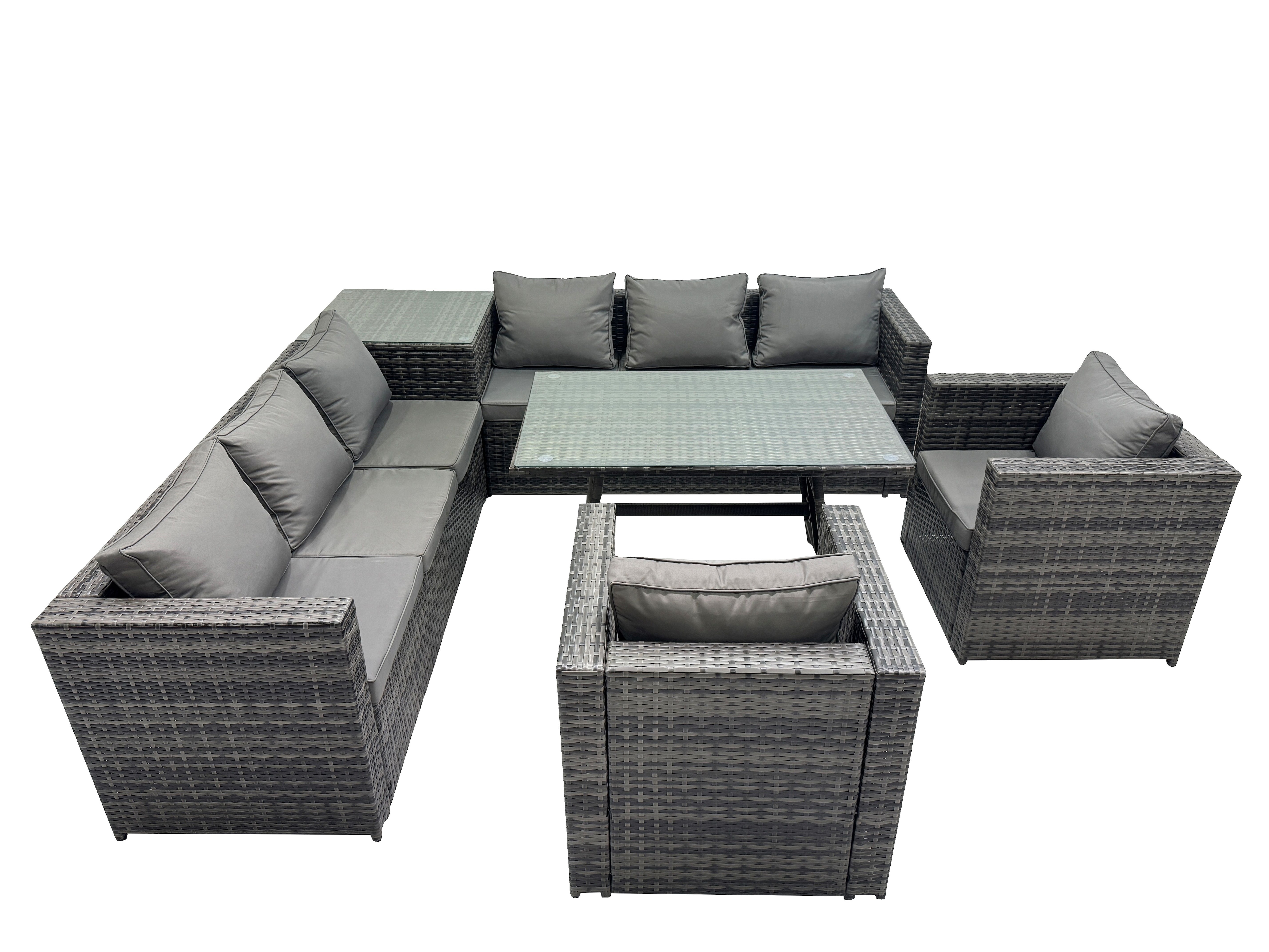 Fimous Outdoor Corner Sofa Chair Dining Table Set Garden Rattan Furniture Set 8 Seater with Side Table Dark Grey