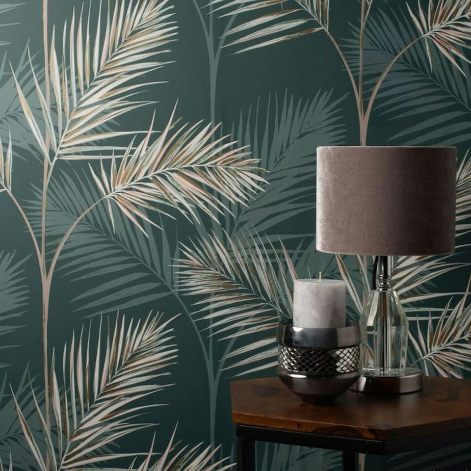 image 1 of Fine Decor South Beach Palm Leaf Wallpaper - Emerald Green - One Size Green