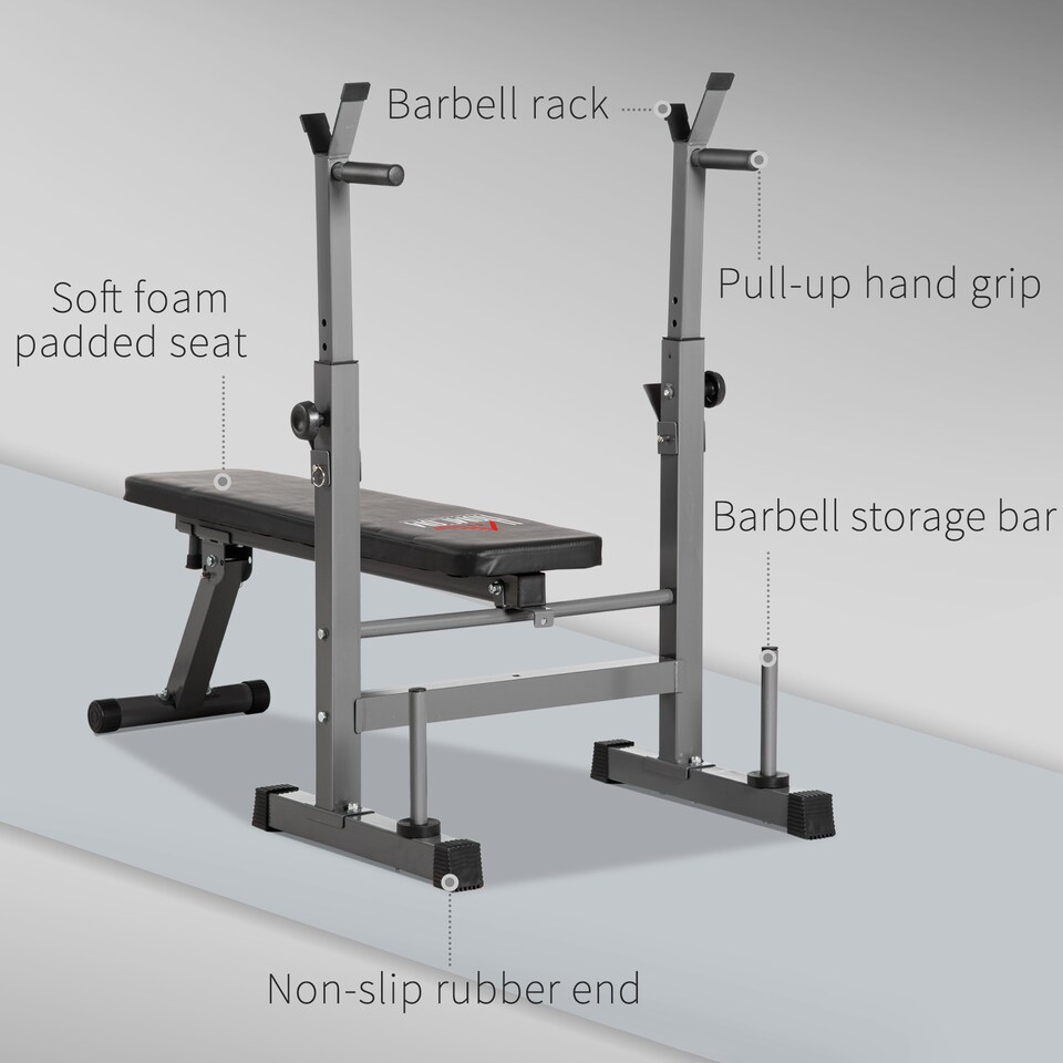image 1 of HOMCOM Adjustable Weight Bench with Barbell Rack, Dip Station, Grey
