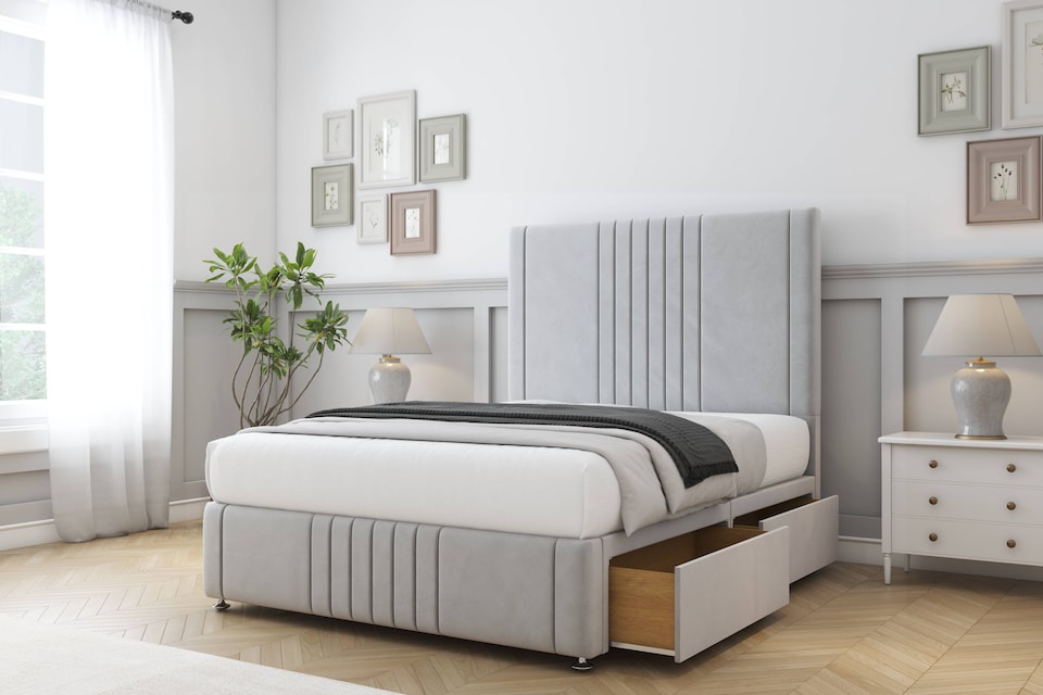 image 1 of Sloomy Harrington Silver Plush Divan Bed Base 2 Drawers Right Side With 26 Inch Strutted Headboard & 12 Inch Matching Footboard | Silver | Silver | King | 1