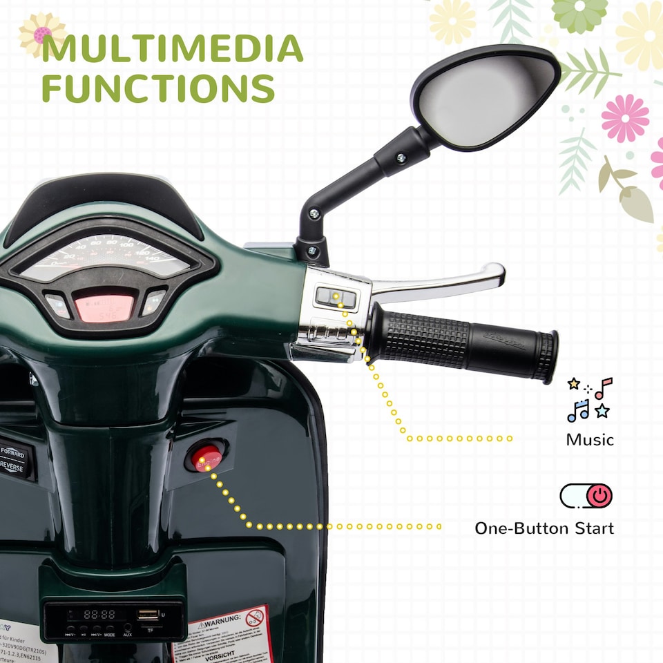 image 1 of AIYAPLAY Vespa Licensed 12V Kids Electric Bike w/ 2 Training Wheels, Green
