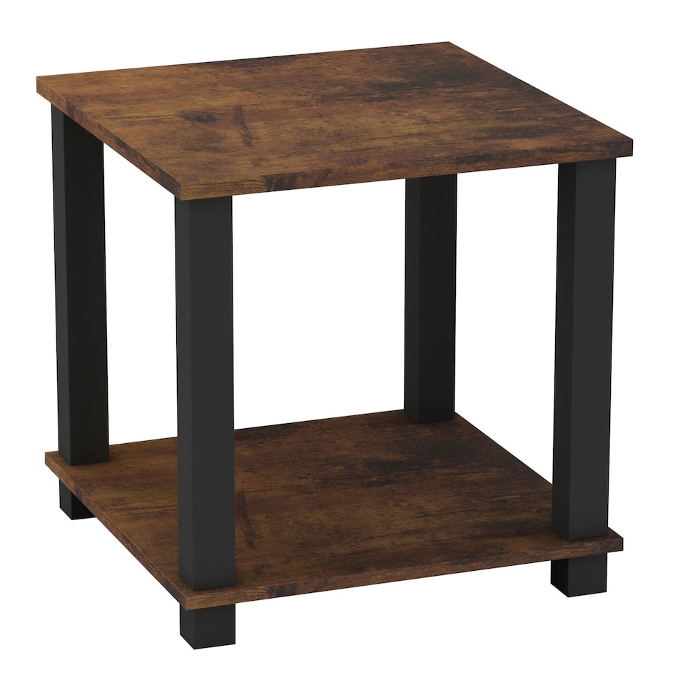 image 1 of Sandra 2 Tier S-Tube End Table Small Wood Bedside Nightstand With Storage Shelf | Multi | Rustic Brown with Black Legs