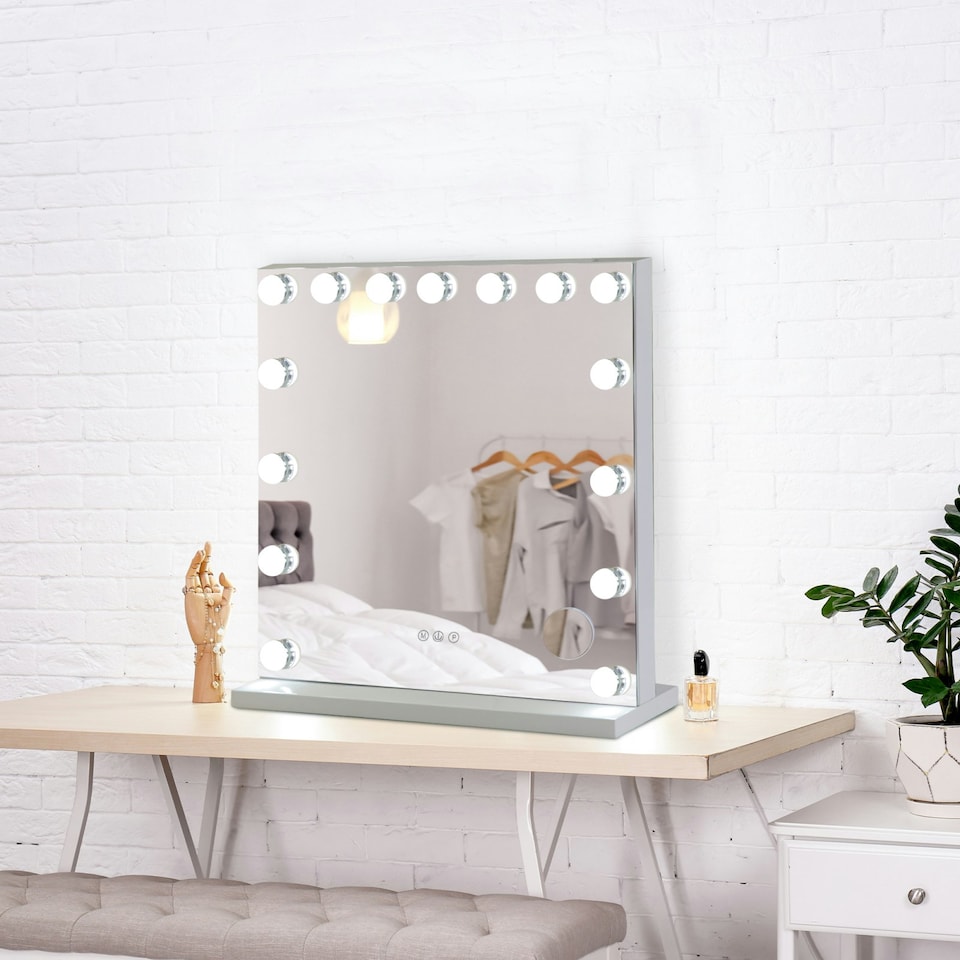 image 1 of Hollywood Vanity Mirror With 15 LED Light Bulbs Three Colour Modes Silver